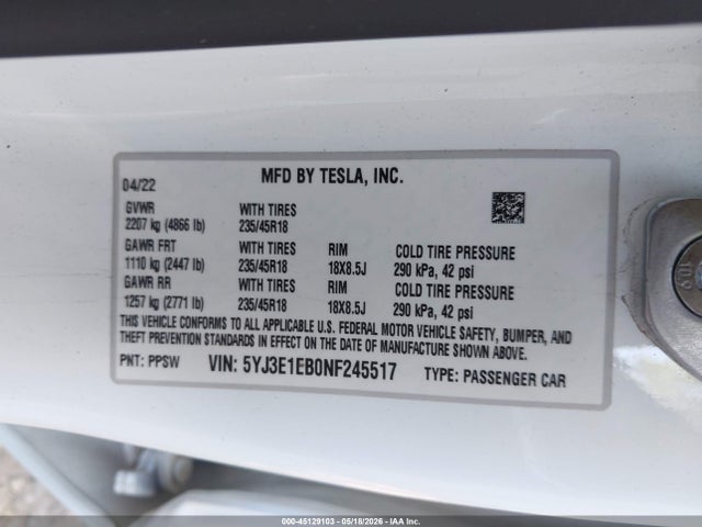 Aukcja sprzedaży 2022 Tesla Model 3 Long Range Dual Motor All-wheel Drive, vin: 5YJ3E1EB0NF245517, numer aukcji: 45129103