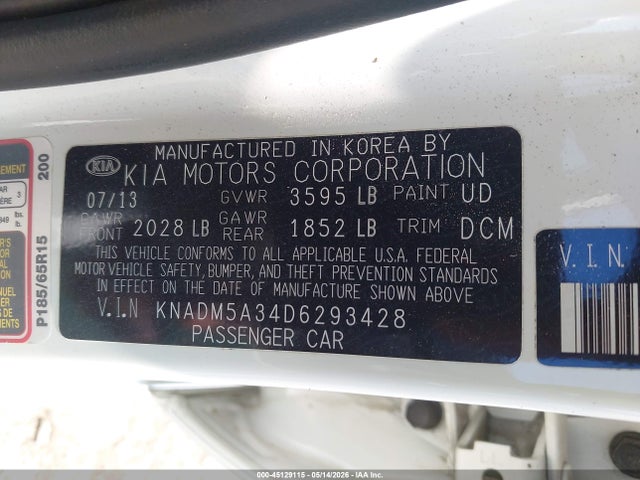 Aukcja sprzedaży 2013 Kia Rio Lx, vin: KNADM5A34D6293428, numer aukcji: 45129115