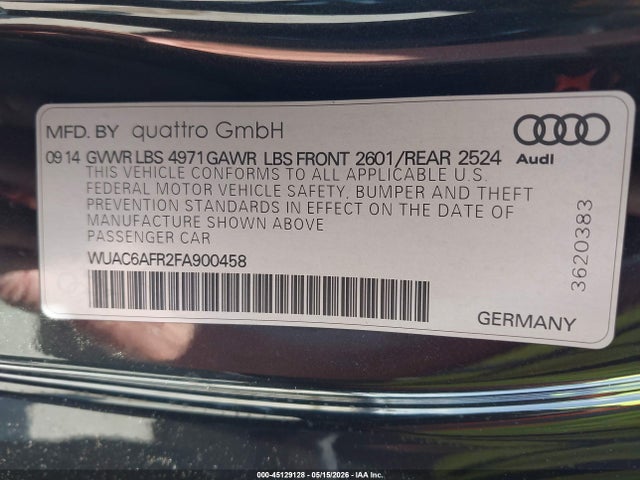 45129128 :رقم المزاد ، WUAC6AFR2FA900458 vin ، 2015 Audi Rs 5 4.2 مزاد بيع