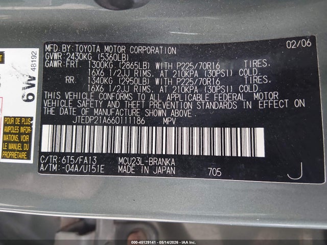 Auction sale of the 2006 Toyota Highlander V6, vin: JTEDP21A660111186, lot number: 45129141