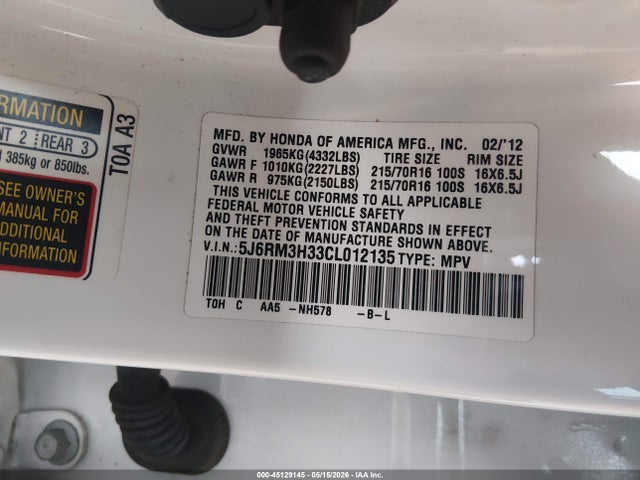 45129145 :رقم المزاد ، 5J6RM3H33CL012135 vin ، 2012 Honda Cr-v Lx مزاد بيع