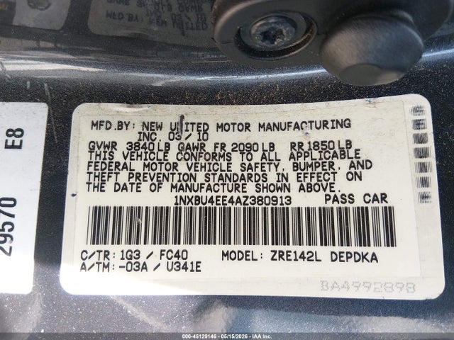 2010 Toyota Corolla Le მანქანა იყიდება აუქციონზე, vin: 1NXBU4EE4AZ380913, აუქციონის ნომერი: 45129146