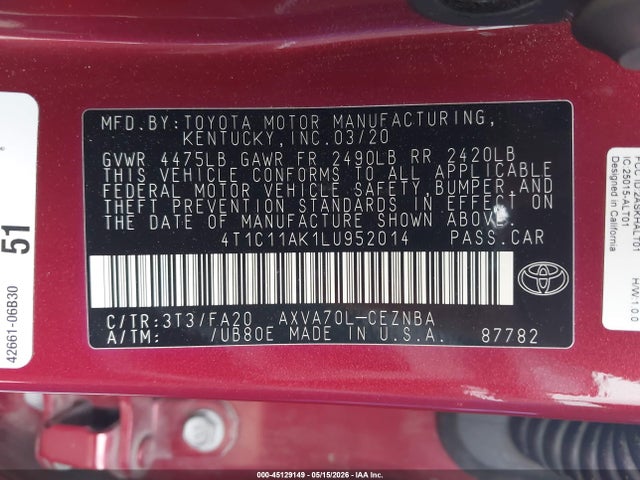 Aukcja sprzedaży 2020 Toyota Camry Le, vin: 4T1C11AK1LU952014, numer aukcji: 45129149