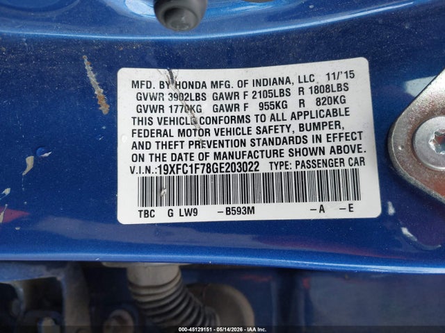 2016 Honda Civic Ex-l მანქანა იყიდება აუქციონზე, vin: 19XFC1F78GE203022, აუქციონის ნომერი: 45129151