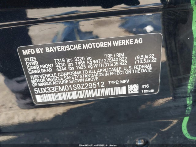 2025 Bmw X7 M60i მანქანა იყიდება აუქციონზე, vin: 5UX33EM01S9Z29512, აუქციონის ნომერი: 45129153