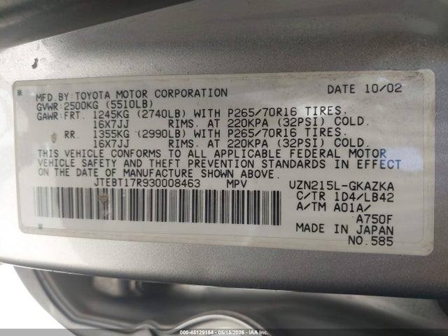 Aukcja sprzedaży 2003 Toyota 4runner Limited V8, vin: JTEBT17R930008463, numer aukcji: 45129154