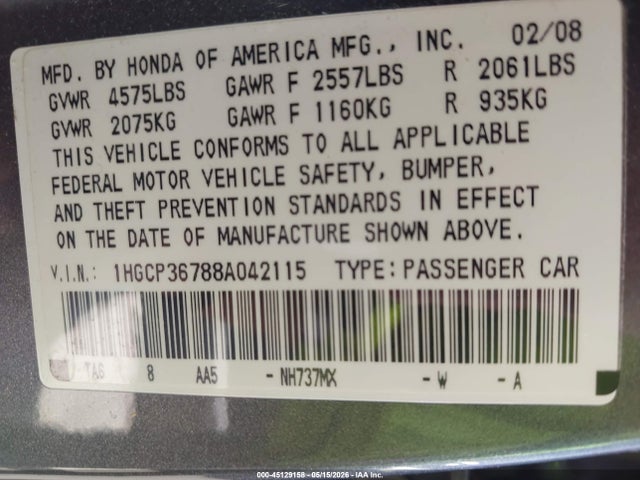 Auction sale of the 2008 Honda Accord 3.5 Ex, vin: 1HGCP36788A042115, lot number: 45129158