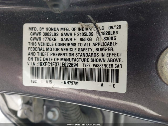 Honda CIVIC EX 2020 19XFC1F37LE022694 Image 9