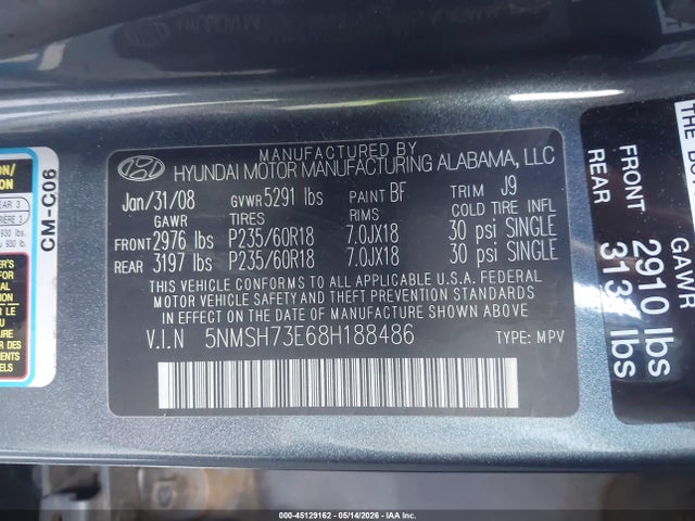Aukcja sprzedaży 2008 Hyundai Santa Fe Limited/se, vin: 5NMSH73E68H188486, numer aukcji: 45129162