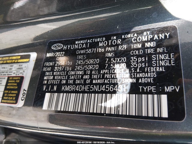 Продажа на аукционе авто 2022 Hyundai Palisade Sel, vin: KM8R4DHE5NU456431, номер лота: 45129166