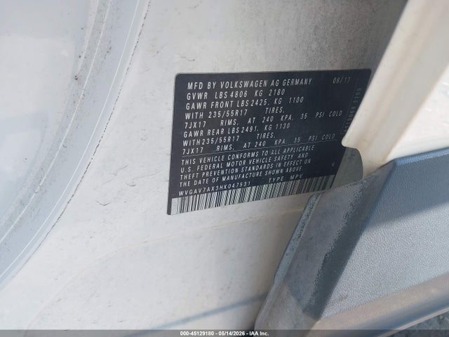 Aukcja sprzedaży 2017 Volkswagen Tiguan 2.0t/2.0t S, vin: WVGAV7AX3HK047531, numer aukcji: 45129180
