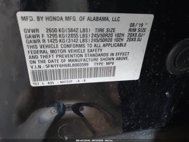 Продажа на аукционе авто 2020 Honda Pilot Awd Touring 7 Passenger, vin: 5FNYF6H68LB003599, номер лота: 45129193