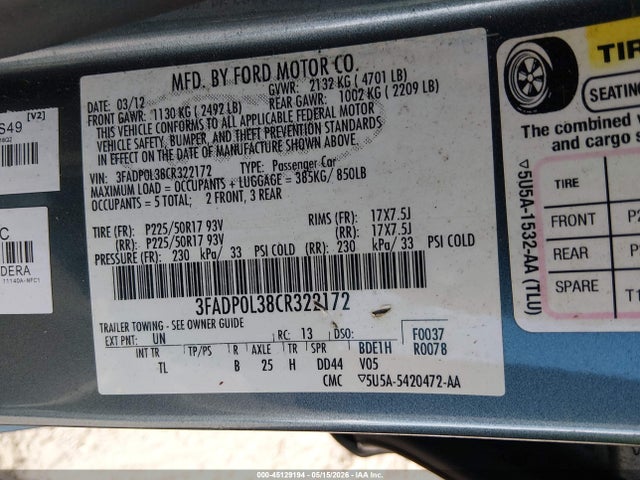 Aukcja sprzedaży 2012 Ford Fusion Hybrid, vin: 3FADP0L38CR322172, numer aukcji: 45129194
