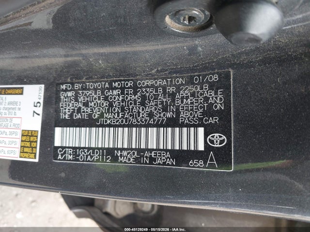 45129249 :رقم المزاد ، JTDKB20U783374777 vin ، 2008 Toyota Prius مزاد بيع