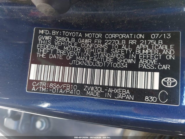 Aukcja sprzedaży 2013 Toyota Prius Three, vin: JTDKN3DU3D1710034, numer aukcji: 45129254