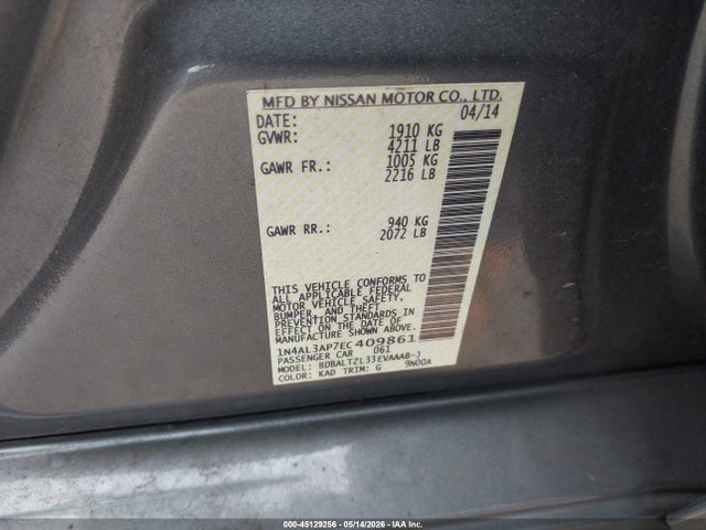 45129256 :رقم المزاد ، 1N4AL3AP7EC409861 vin ، 2014 Nissan Altima 2.5 Sv مزاد بيع
