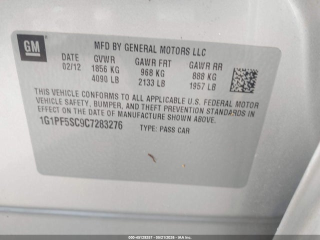 2012 Chevrolet Cruze 1lt მანქანა იყიდება აუქციონზე, vin: 1G1PF5SC9C7283276, აუქციონის ნომერი: 45129257