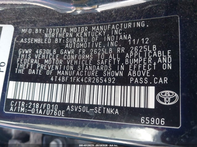 Aukcja sprzedaży 2012 Toyota Camry Le, vin: 4T4BF1FK4CR265492, numer aukcji: 45129278