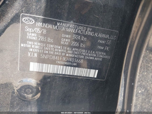 Продажа на аукционе авто 2019 Hyundai Elantra Sel, vin: 5NPD84LF1KH403668, номер лота: 45129281