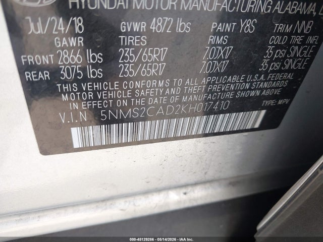 Продажа на аукционе авто 2019 Hyundai Santa Fe Se, vin: 5NMS2CAD2KH017410, номер лота: 45129286
