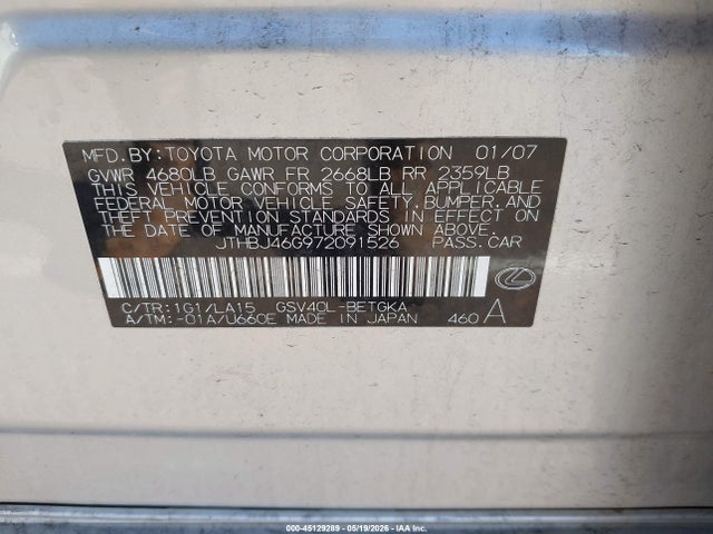 Продажа на аукционе авто 2007 Lexus Es 350, vin: JTHBJ46G972091526, номер лота: 45129289