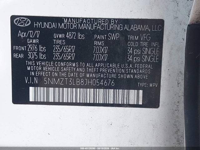 45129290 :رقم المزاد ، 5NMZT3LB8JH054676 vin ، 2018 Hyundai Santa Fe Sport 2.4l مزاد بيع