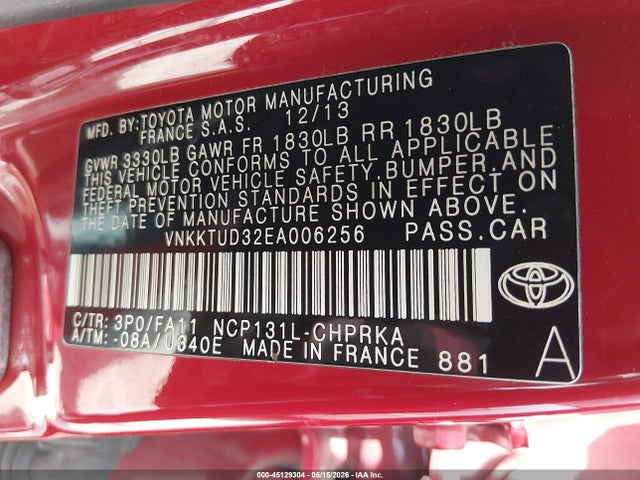 45129304 :رقم المزاد ، VNKKTUD32EA006256 vin ، 2014 Toyota Yaris L (tmmf Plant) مزاد بيع