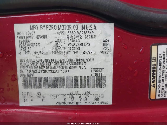 45129312 :رقم المزاد ، 1FMZU73K73ZA17584 vin ، 2003 Ford Explorer Nbx/xlt مزاد بيع