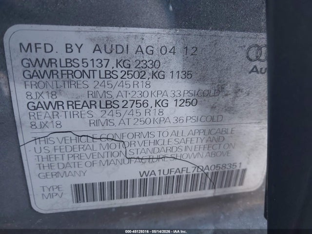 45129316 :رقم المزاد ، WA1UFAFL7DA058351 vin ، 2013 Audi Allroad 2.0t Premium Plus مزاد بيع