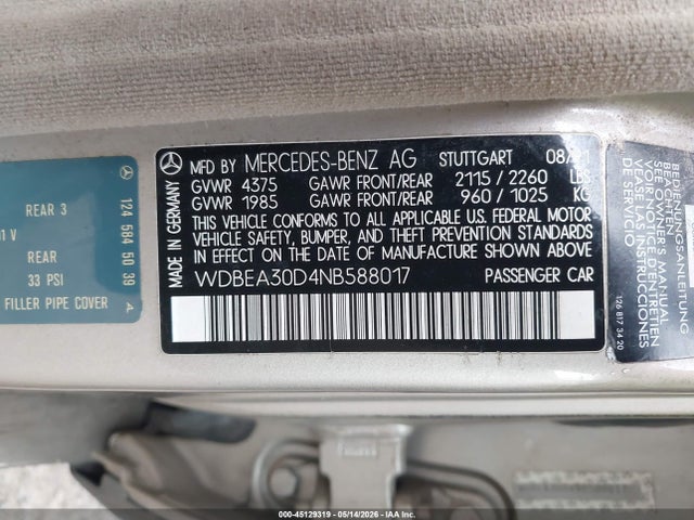 Продажа на аукционе авто 1992 Mercedes-benz 300 E, vin: WDBEA30D4NB588017, номер лота: 45129319