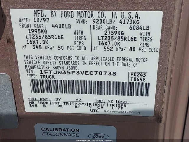 Aukcja sprzedaży 1997 Ford F-350 Xl, vin: 1FTJW35F3VEC70738, numer aukcji: 45129324