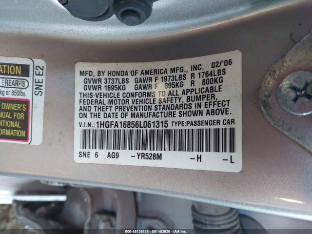 Продаж на аукціоні авто 2006 Honda Civic Ex, vin: 1HGFA16856L061315, номер лоту: 45129328