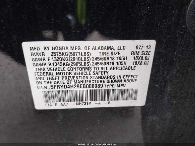 Aukcja sprzedaży 2014 Acura Mdx, vin: 5FRYD4H29EB008089, numer aukcji: 45129331