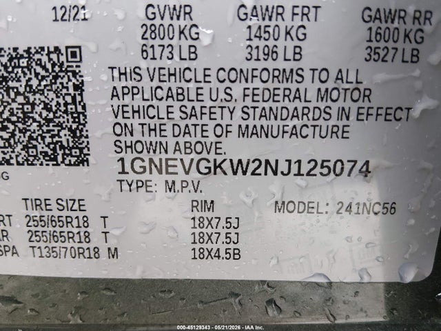 1GNEVGKW2NJ125074 Chevrolet Traverse Awd Lt Cloth