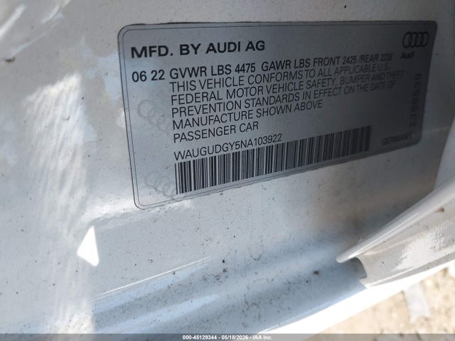 Aukcja sprzedaży 2022 Audi A3 Premium 40 Tfsi Quattro S Tronic, vin: WAUGUDGY5NA103922, numer aukcji: 45129344