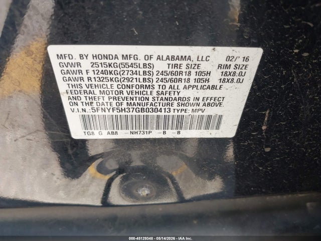 Продажа на аукционе авто 2016 Honda Pilot Ex, vin: 5FNYF5H37GB030413, номер лота: 45129348