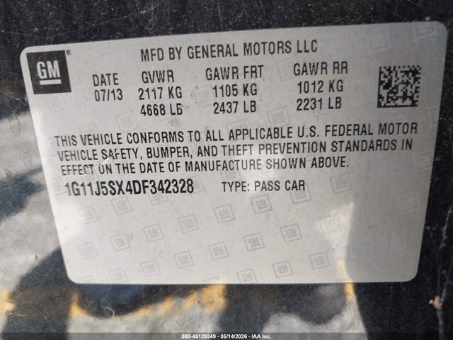 Aukcja sprzedaży 2013 Chevrolet Malibu 2lz, vin: 1G11J5SX4DF342328, numer aukcji: 45129349
