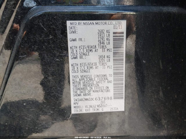 45129365 :رقم المزاد ، 5N1AR2MN1DC637698 vin ، 2013 Nissan Pathfinder Sl مزاد بيع