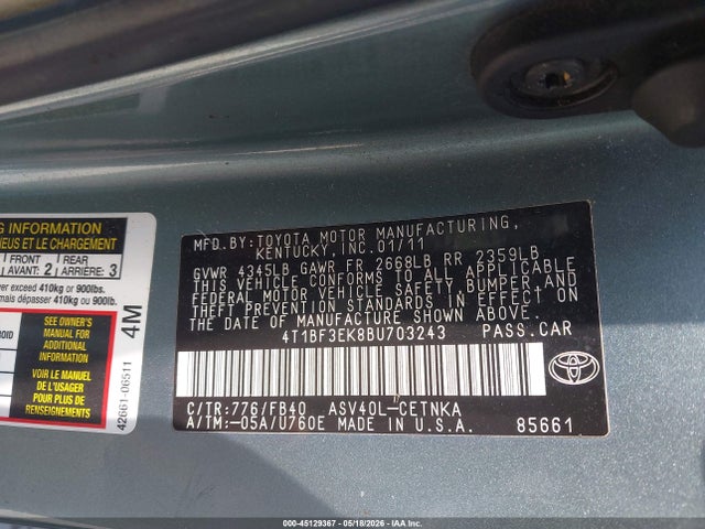 45129367 :رقم المزاد ، 4T1BF3EK8BU703243 vin ، 2011 Toyota Camry Le مزاد بيع