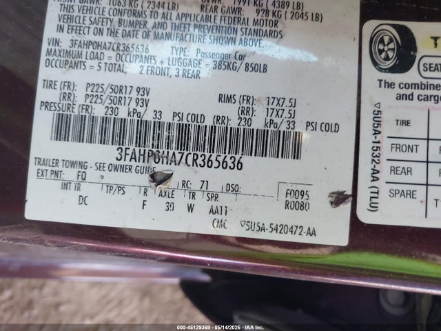 Aukcja sprzedaży 2012 Ford Fusion Se, vin: 3FAHP0HA7CR365636, numer aukcji: 45129369