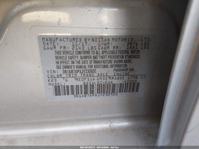 Aukcja sprzedaży 2018 Nissan Sentra Sv, vin: 3N1AB7APXJY230920, numer aukcji: 45129374