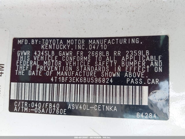 Aukcja sprzedaży 2011 Toyota Camry, vin: 4T1BF3EK6BU596824, numer aukcji: 45129387