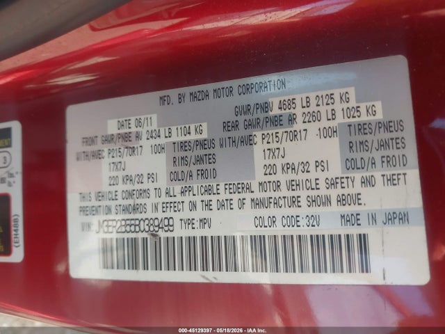 Aukcja sprzedaży 2011 Mazda Cx-7 I Sport, vin: JM3ER2B55B0389499, numer aukcji: 45129397