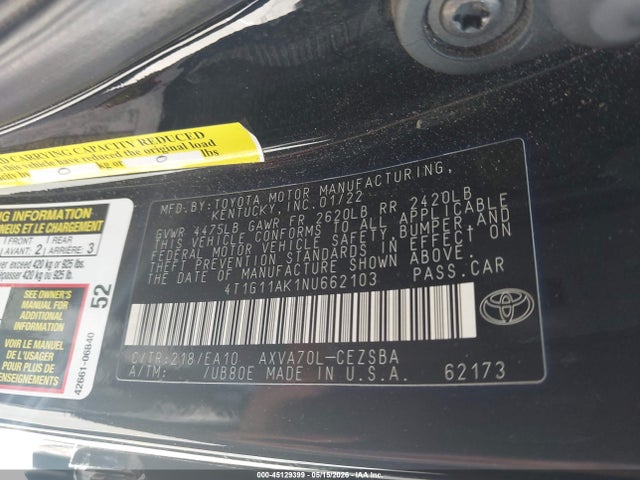 Toyota CAMRY SE 2022 4T1G11AK1NU662103 Image 9