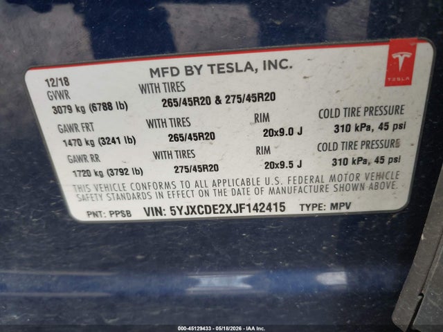 Tesla Model X 100d/75d/p100d 2018 5YJXCDE2XJF142415 Image 9