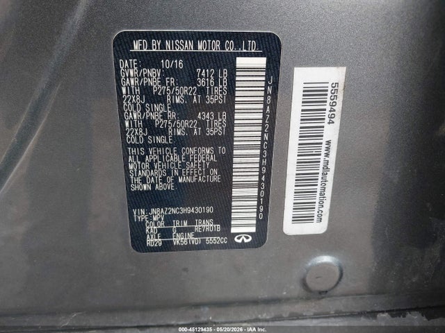 45129435 :رقم المزاد ، JN8AZ2NC3H9430190 vin ، 2017 Infiniti Qx80 مزاد بيع