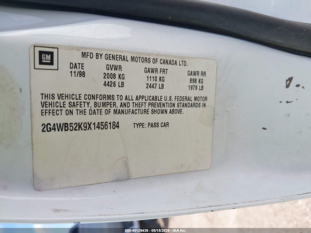 45129436 :رقم المزاد ، 2G4WB52K9X1456184 vin ، 1999 Buick Regal Ls مزاد بيع