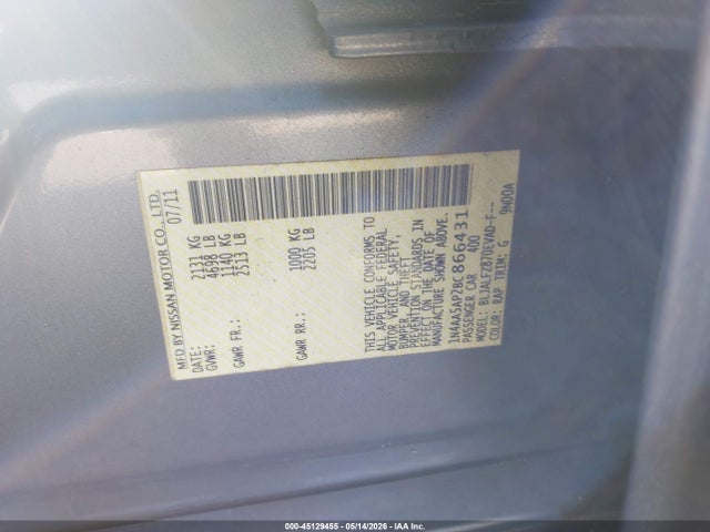 Aukcja sprzedaży 2011 Nissan Maxima 3.5 Sv, vin: 1N4AA5AP2BC866431, numer aukcji: 45129455