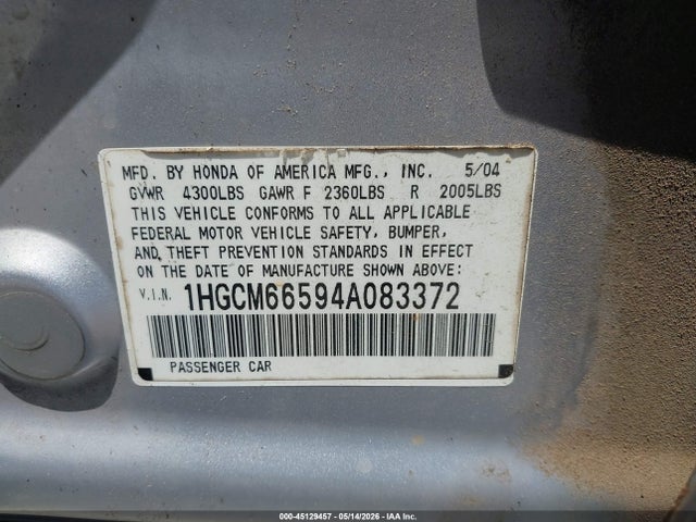 Aukcja sprzedaży 2004 Honda Accord 3.0 Ex, vin: 1HGCM66594A083372, numer aukcji: 45129457