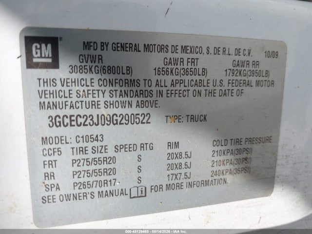 Aukcja sprzedaży 2009 Chevrolet Silverado 1500 Lt, vin: 3GCEC23J09G290522, numer aukcji: 45129465